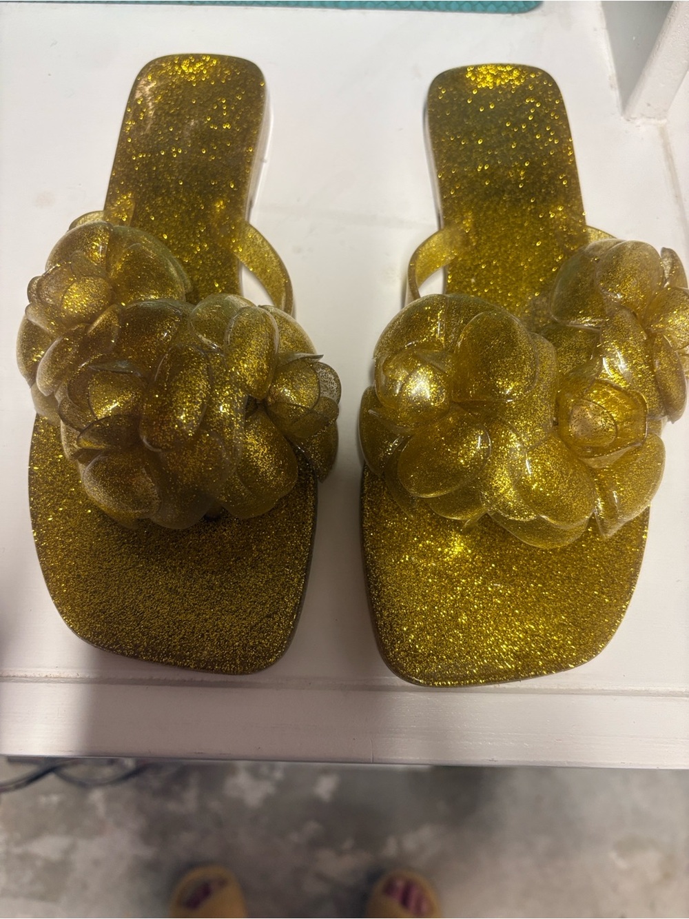 Jeffrey Campbell Gold Glitter Floral Slide Mules